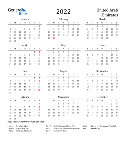 2022 united arab emirates calendar with holidays
