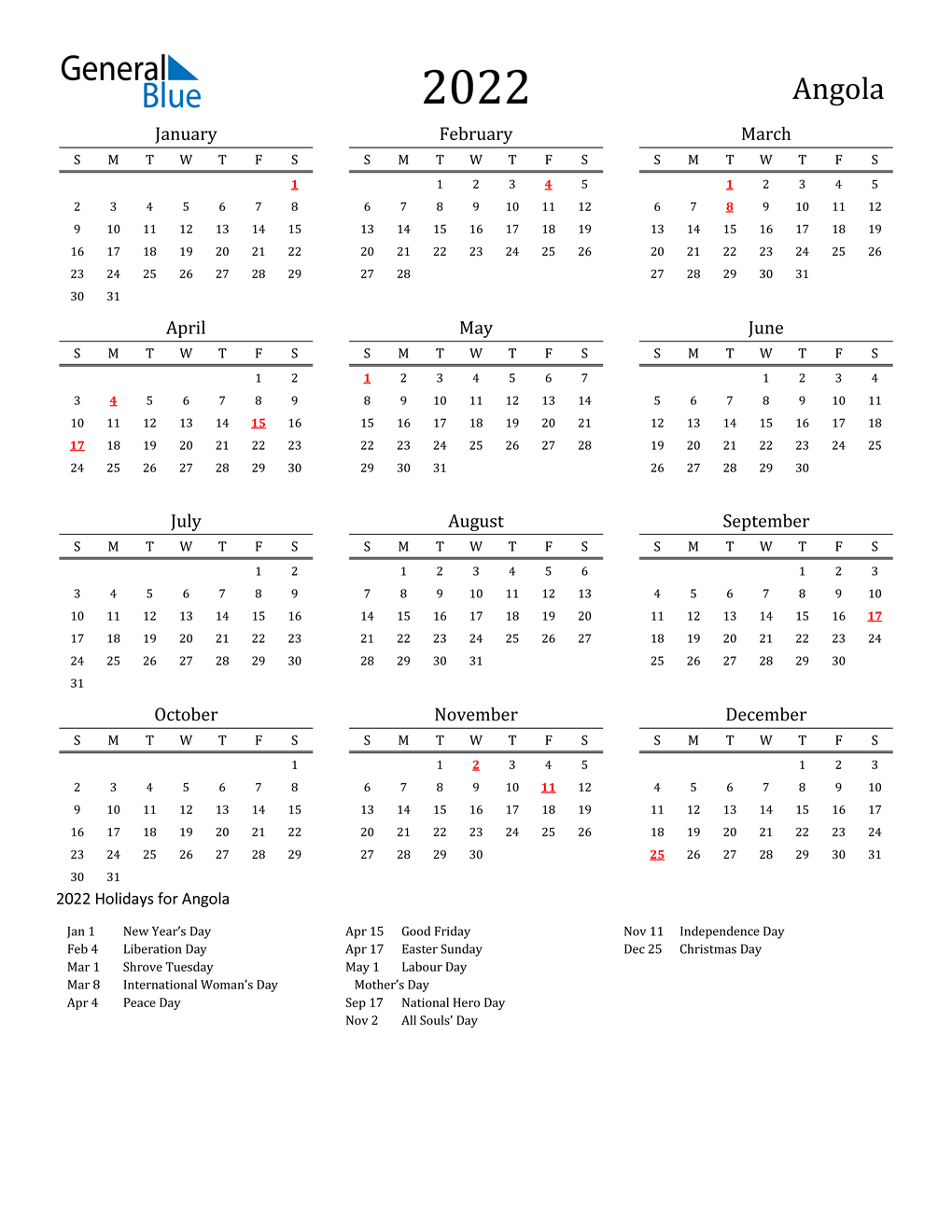 Calendario 2022 Angola Calendario Festivita