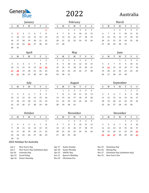 2022 Calendar - Australia with Holidays