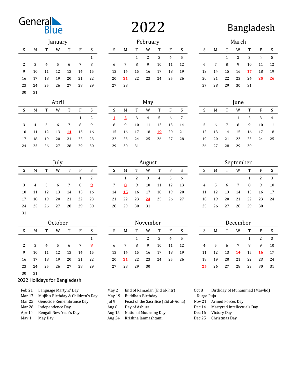English Calendar 2022 2022 Bangladesh Calendar With Holidays