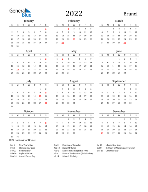 Brunei Holidays Calendar for 2022