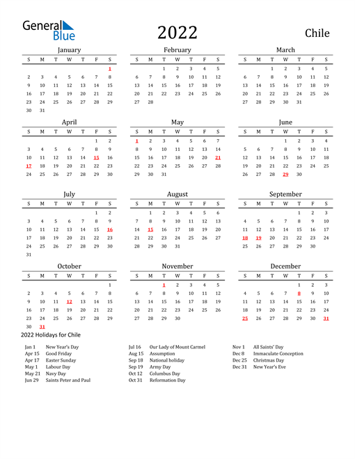Chile Holidays Calendar for 2022
