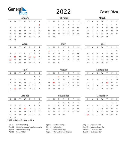 Costa Rica Holidays Calendar for 2022