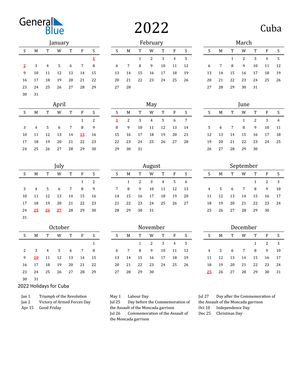 Cu Calendar 2022 2022 Cuba Calendar With Holidays