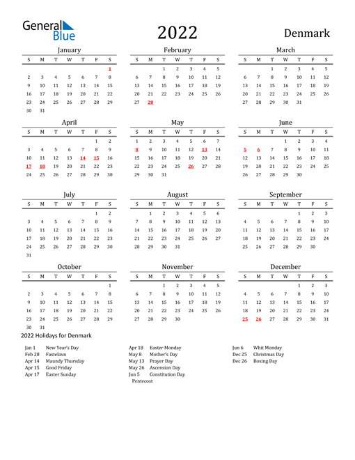 2022 calendar denmark with holidays