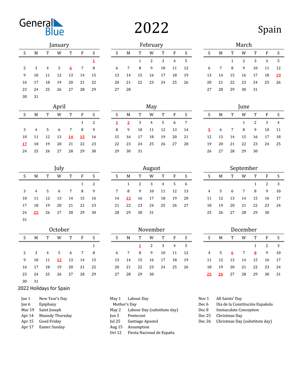 2022 Spain Calendar With Holidays