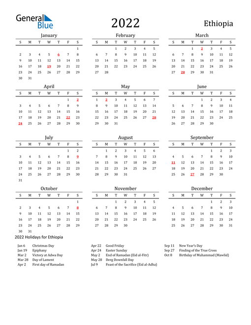 Ethiopia Holidays Calendar for 2022
