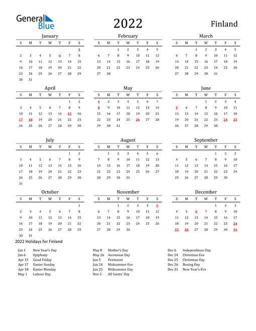 Finland Holidays Calendar for 2022