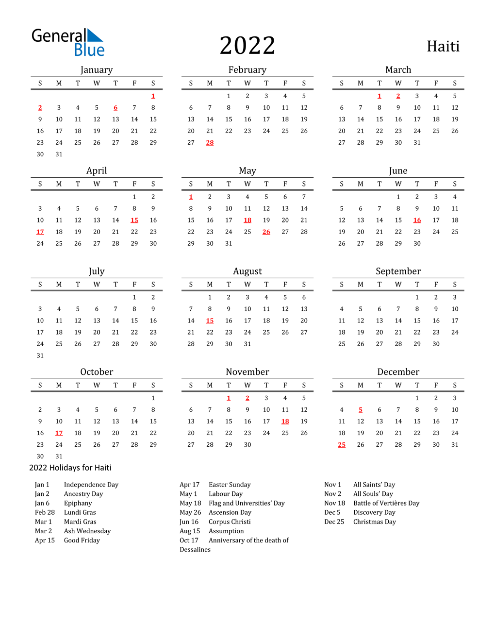 Haiti Holidays Calendar for 2022