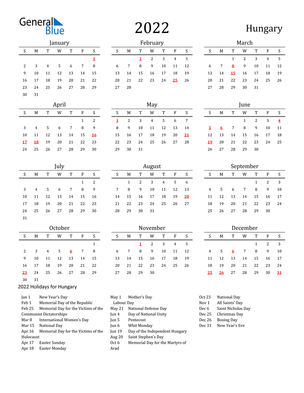 Hungary Holidays Calendar for 2022