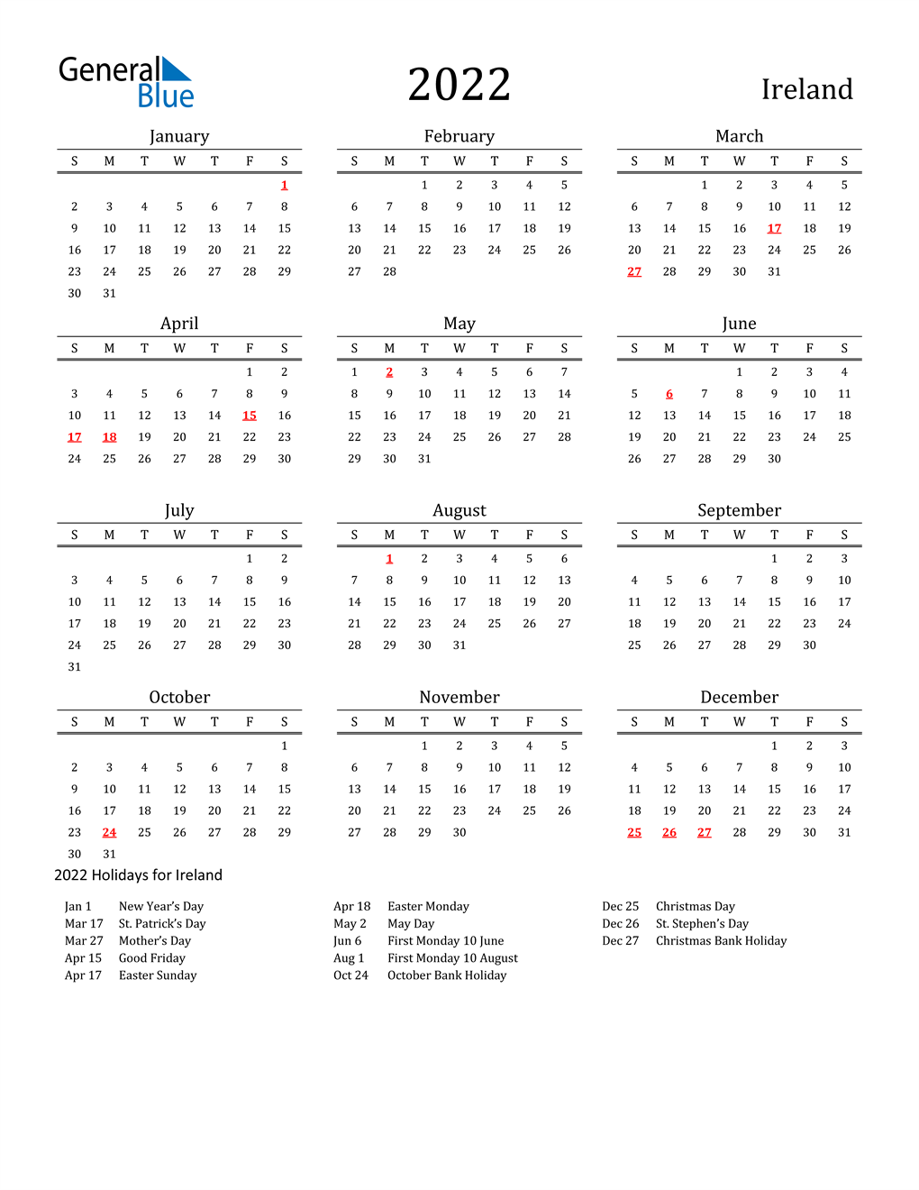 Sports Calendar 2022 Ireland.2022 Ireland Calendar With Holidays