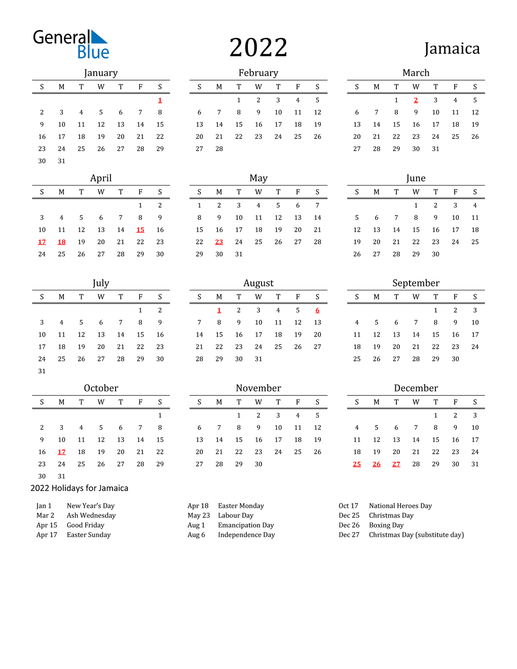 2022 Jamaica Calendar With Holidays