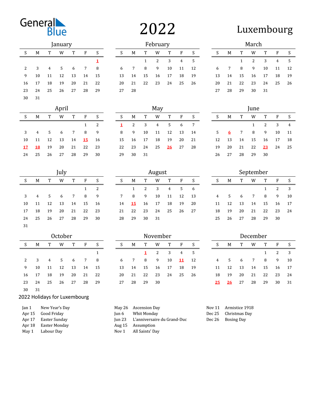 Holiday Calendar 2022 2022 Luxembourg Calendar With Holidays