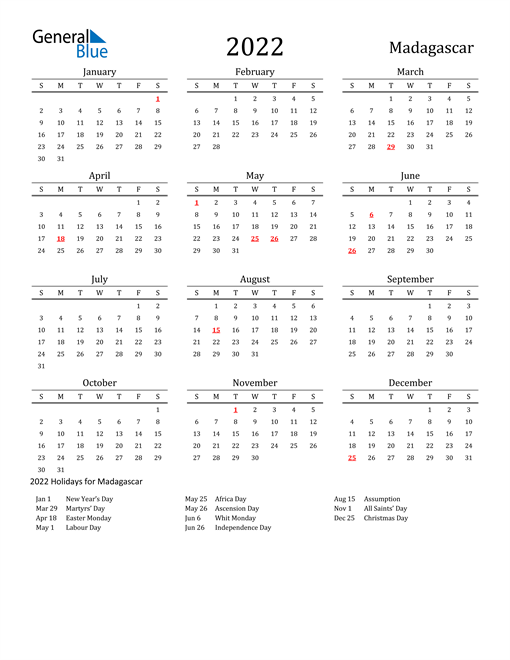 Madagascar Holidays Calendar for 2022