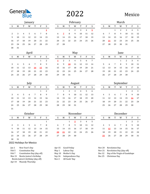 2022 Mexico Calendar with Holidays