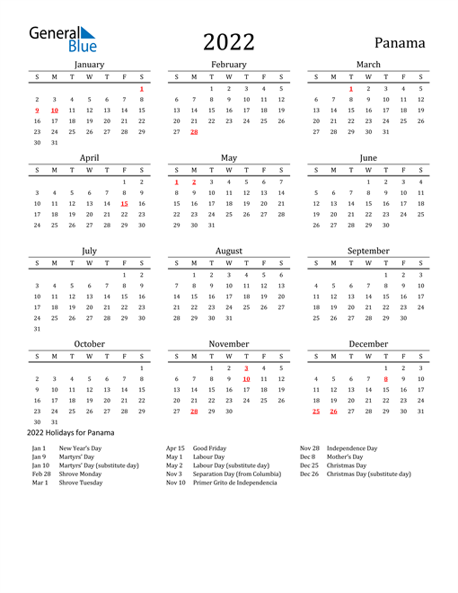 2022 Panama Calendar with Holidays