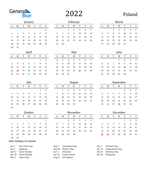 Poland Holidays Calendar for 2022