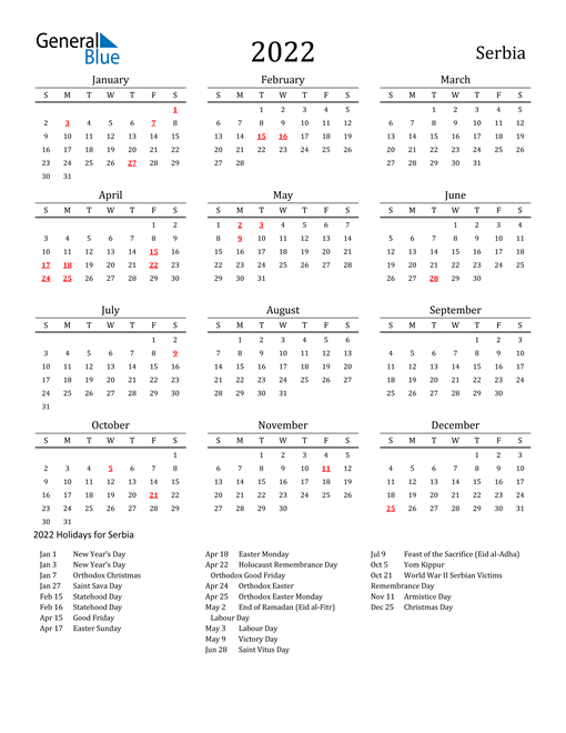 Serbia Holidays Calendar for 2022