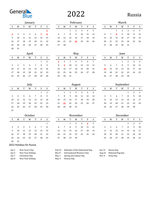 2022 Russia Calendar With Holidays