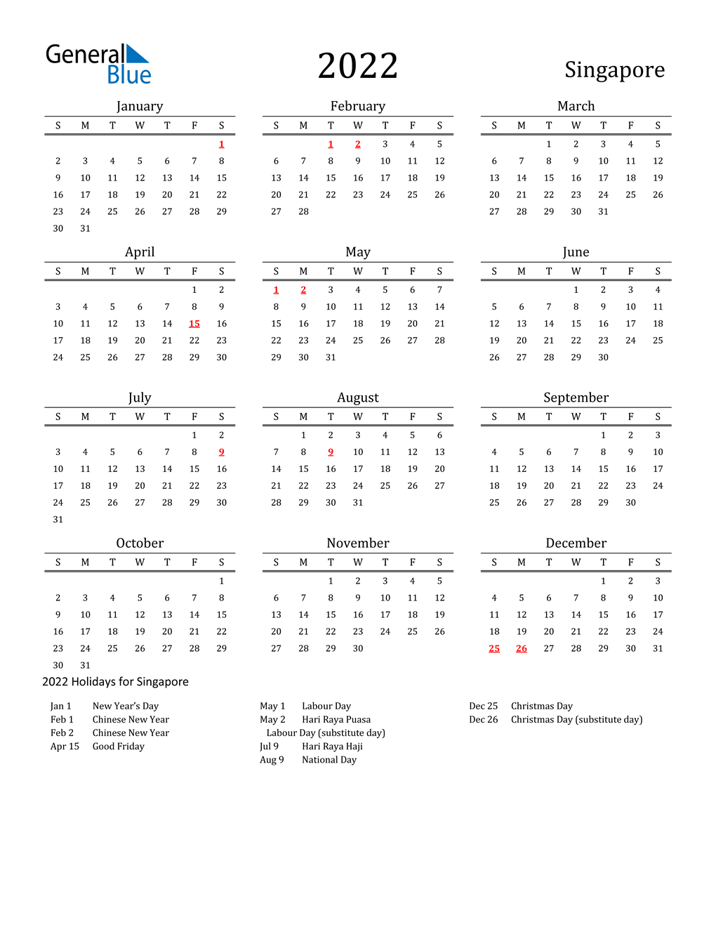 Mgh Holiday Calendar 2022 2022 Singapore Calendar With Holidays