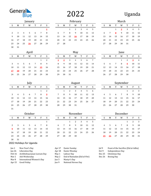 Uganda Holidays Calendar for 2022