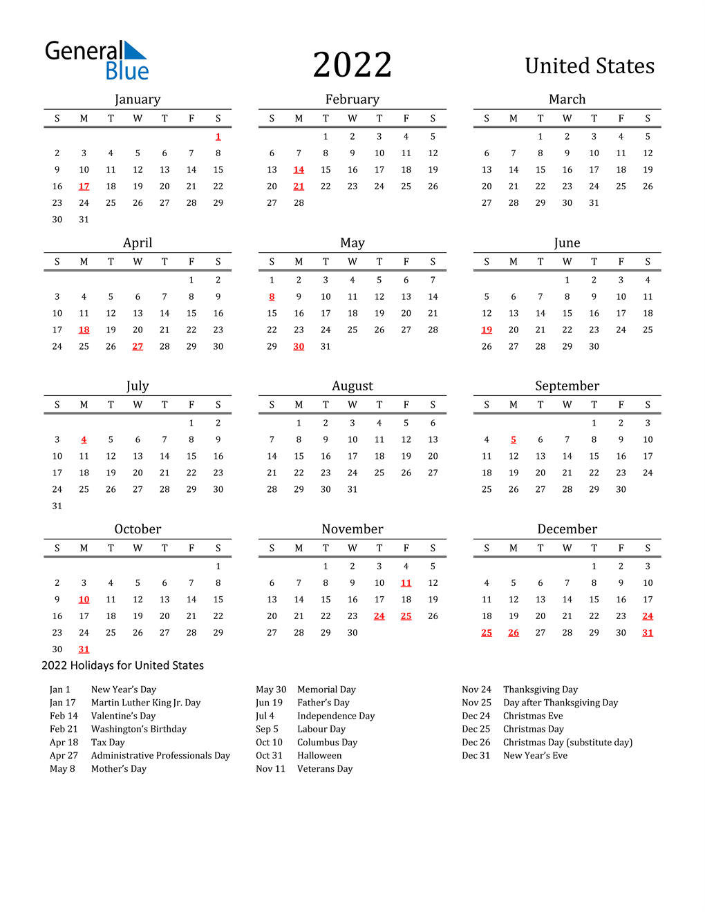 Sunday Only Calendar 2022 2022 United States Calendar With Holidays