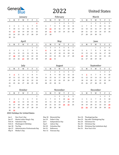 free printable calendar 2022 with holidays usa