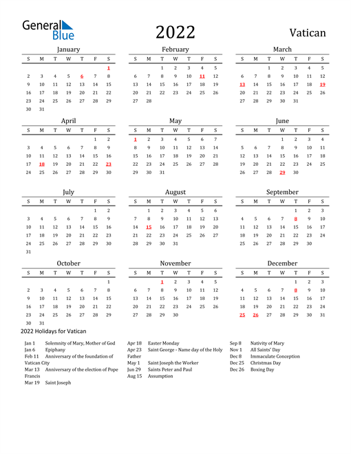 2022 Calendar - Vatican with Holidays