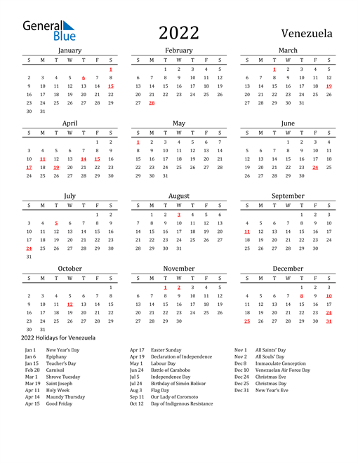 Venezuela Holidays Calendar for 2022