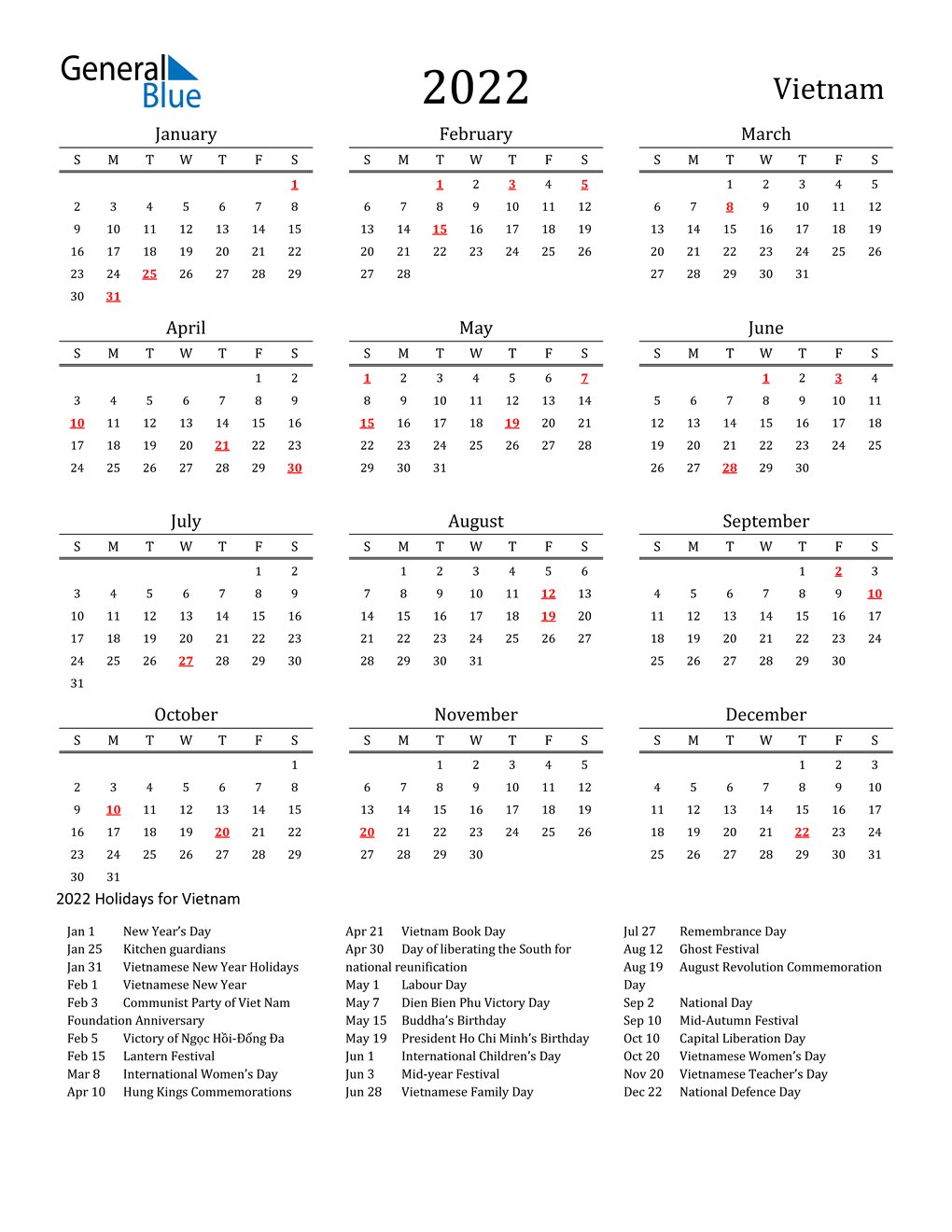 2022 Vietnam Calendar With Holidays