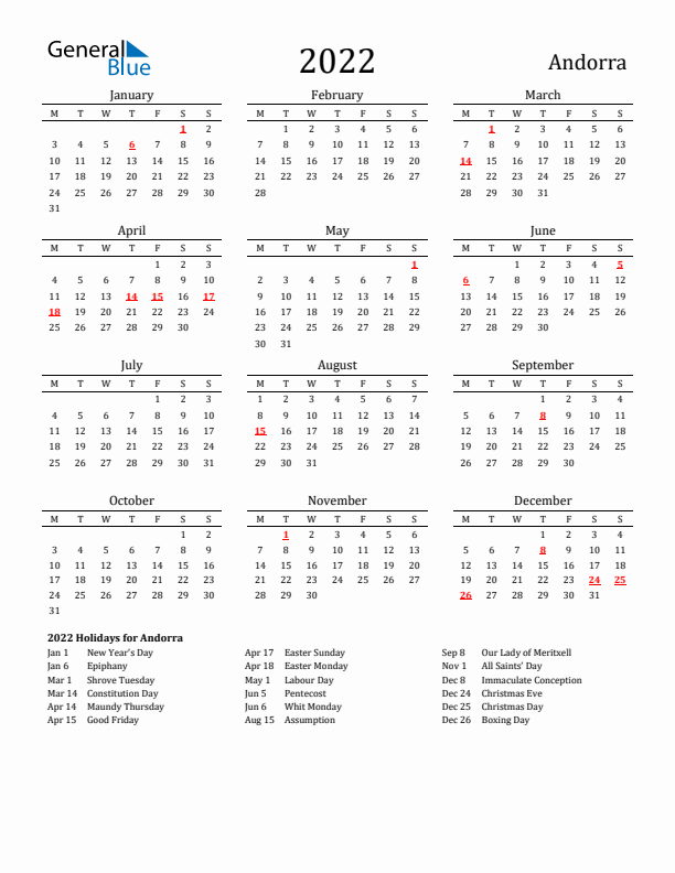 Andorra Holidays Calendar for 2022