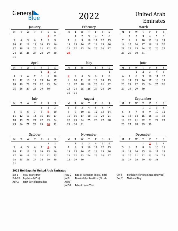 United Arab Emirates Holidays Calendar for 2022