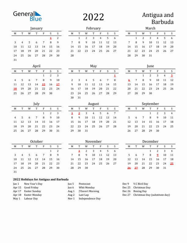 Antigua and Barbuda Holidays Calendar for 2022