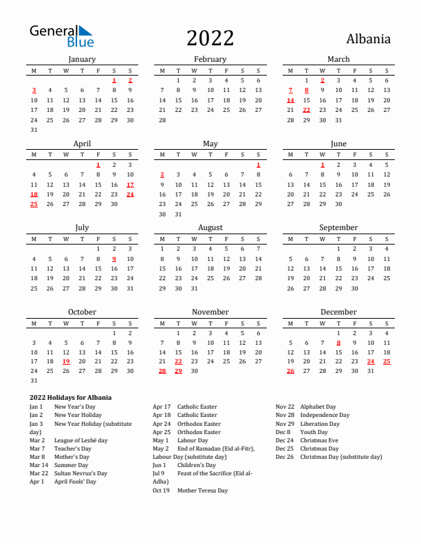 Albania Holidays Calendar for 2022