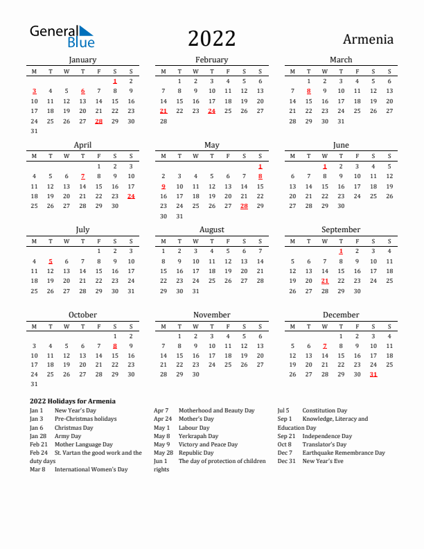 Armenia Holidays Calendar for 2022