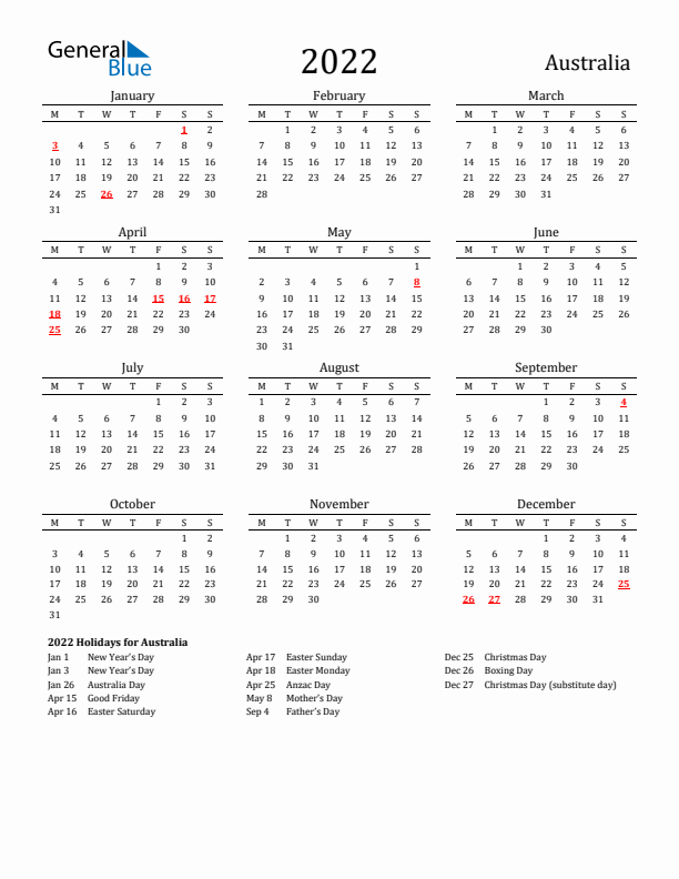 Australia Holidays Calendar for 2022