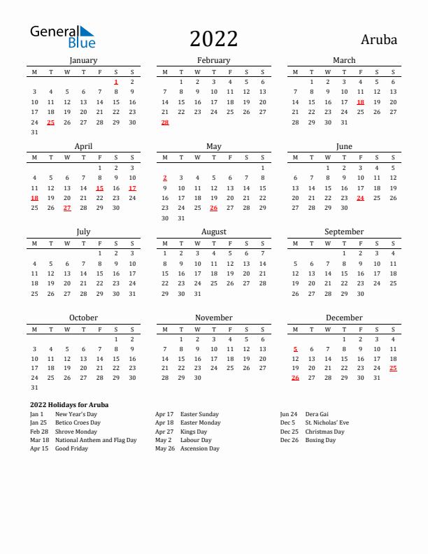 Aruba Holidays Calendar for 2022