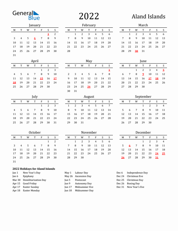 Aland Islands Holidays Calendar for 2022