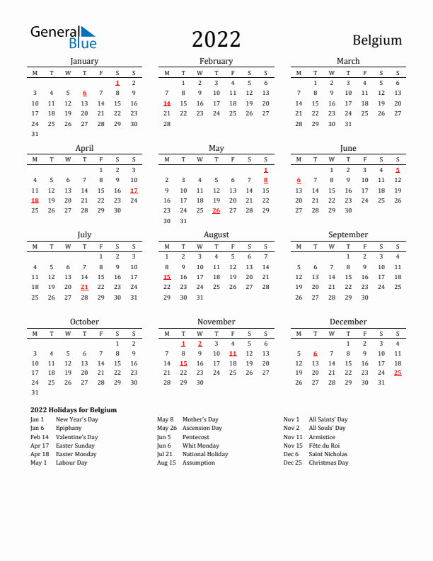Belgium Holidays Calendar for 2022