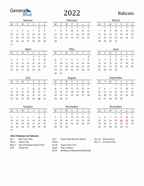 Bahrain Holidays Calendar for 2022