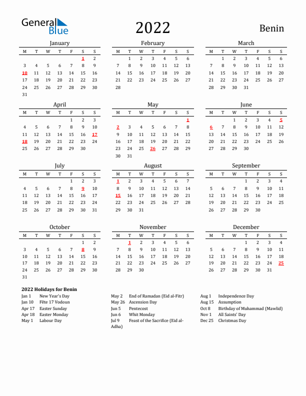 Benin Holidays Calendar for 2022