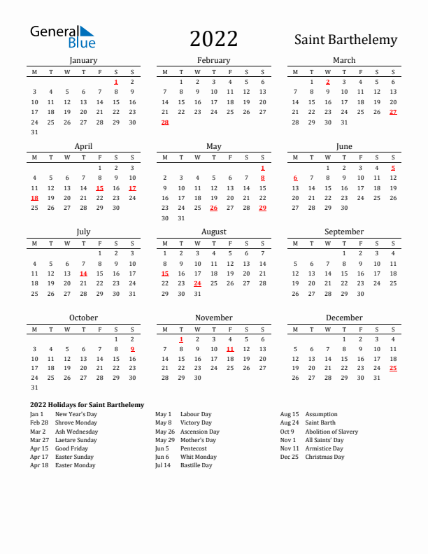 Saint Barthelemy Holidays Calendar for 2022