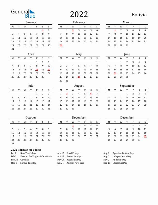 Bolivia Holidays Calendar for 2022