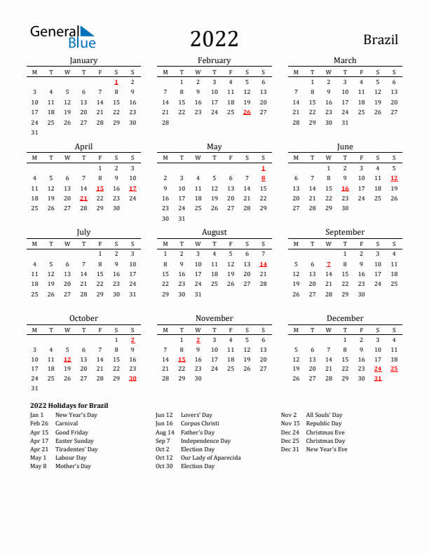 Brazil Holidays Calendar for 2022