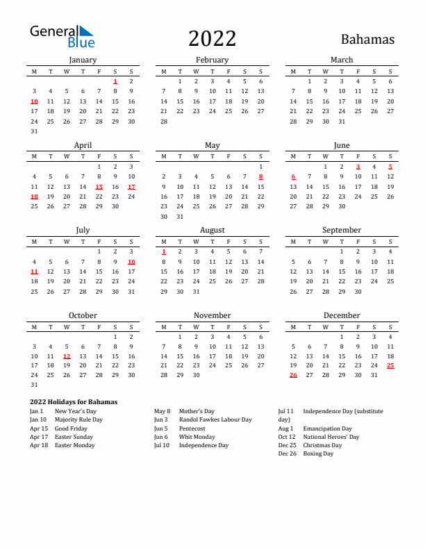 Bahamas Holidays Calendar for 2022
