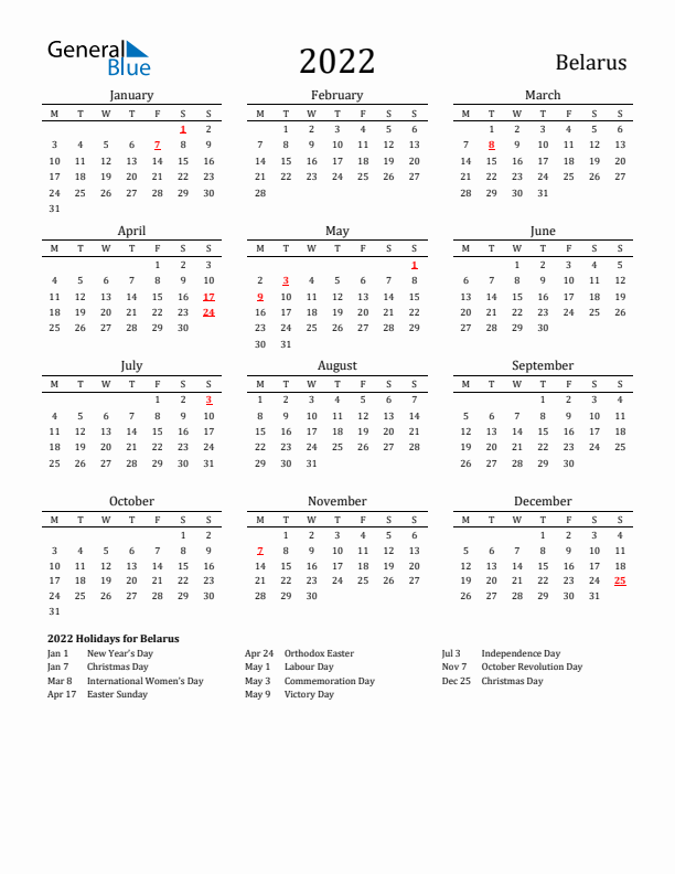 Belarus Holidays Calendar for 2022