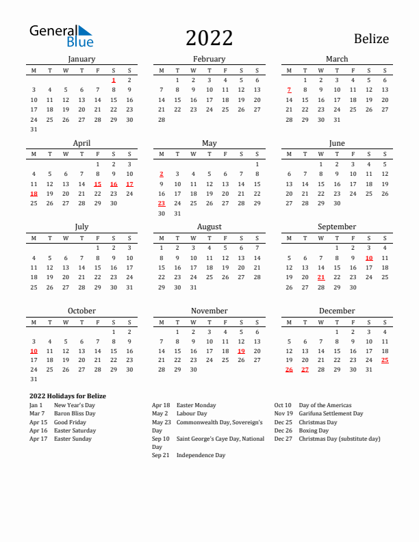 Belize Holidays Calendar for 2022