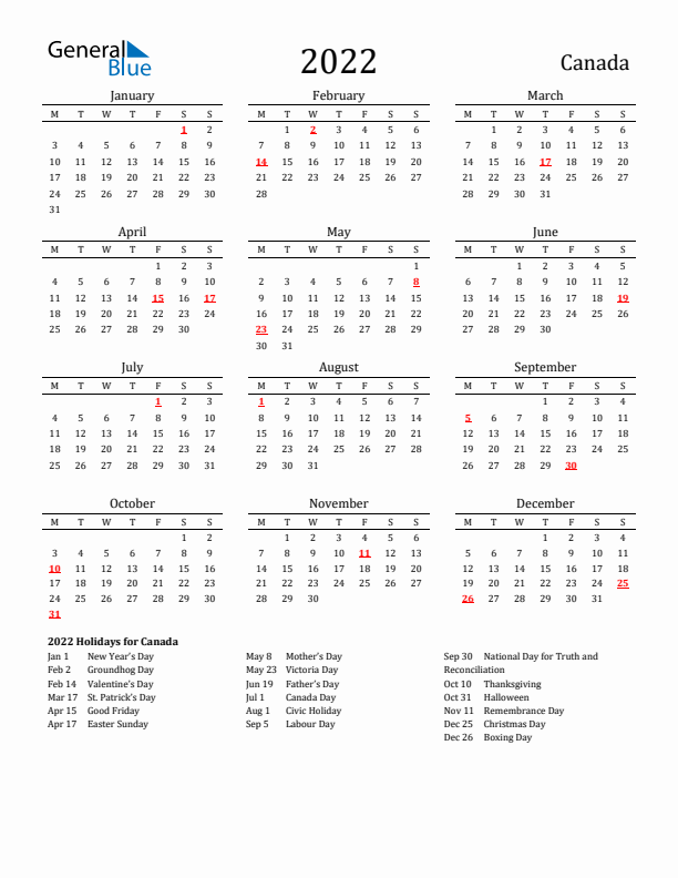 Canada Holidays Calendar for 2022