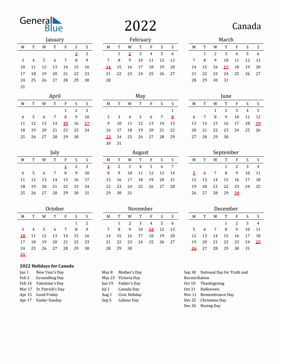 Free Canada Holidays Calendar for Year 2022