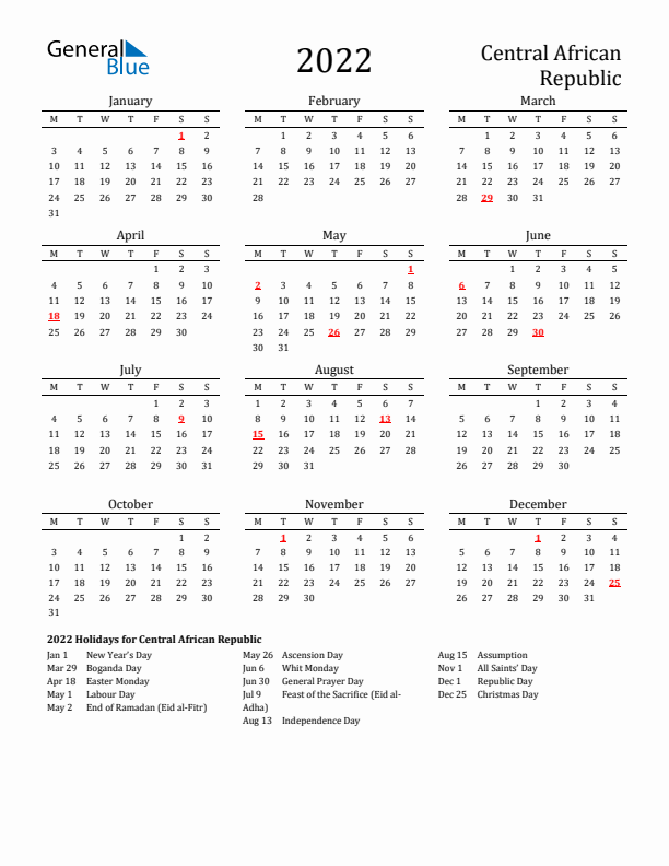Central African Republic Holidays Calendar for 2022